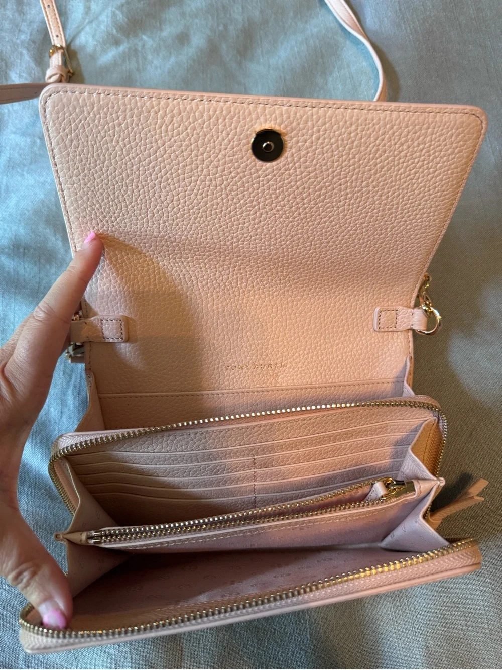 Tory Burch Blush Pink Pebbled Leather Crossbody Wallet